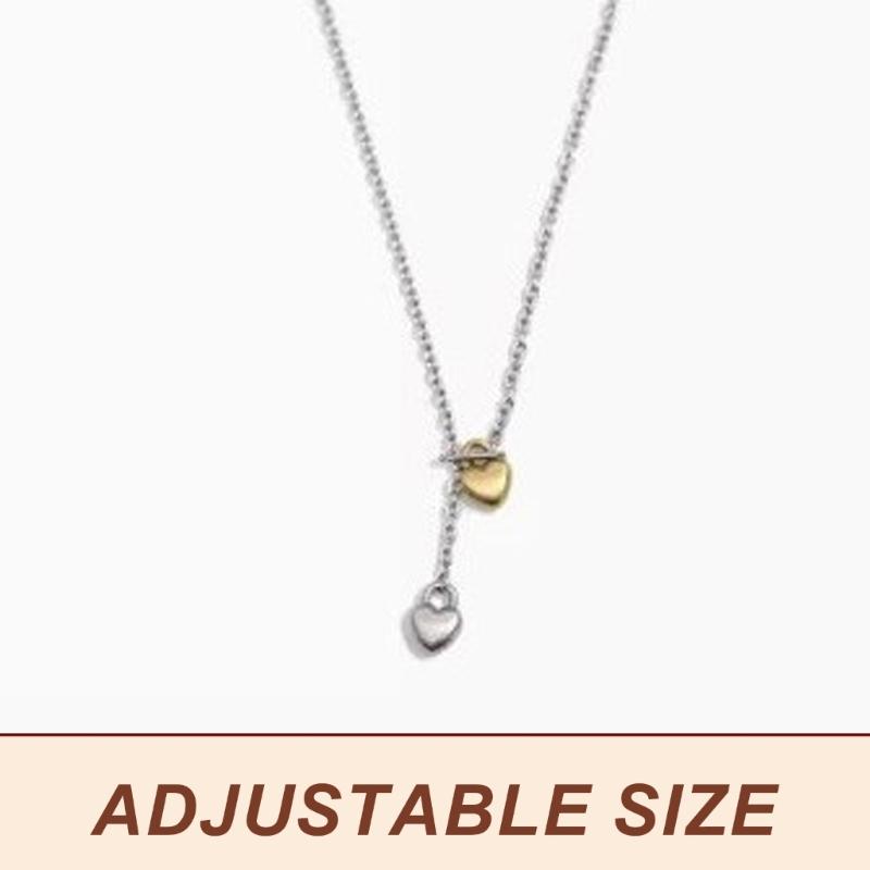 Fashionable Double Heart Pendant Necklace OT Buckle Sweater Chain Adjustable Length Neckchain Accessory for Daily Wear