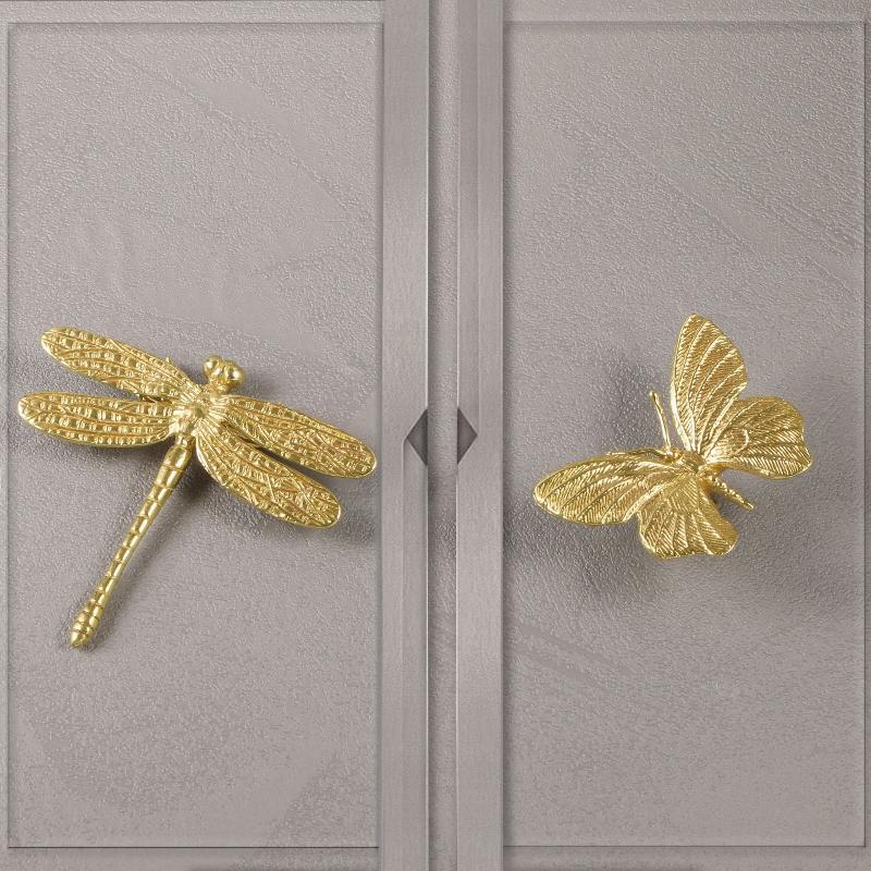 Retro Butterfly/Dragonfly Brass Handle Furniture Hardware Vintage Cabinet Door Knobs Single Hole Gold Wardrobe Drawer Pulls