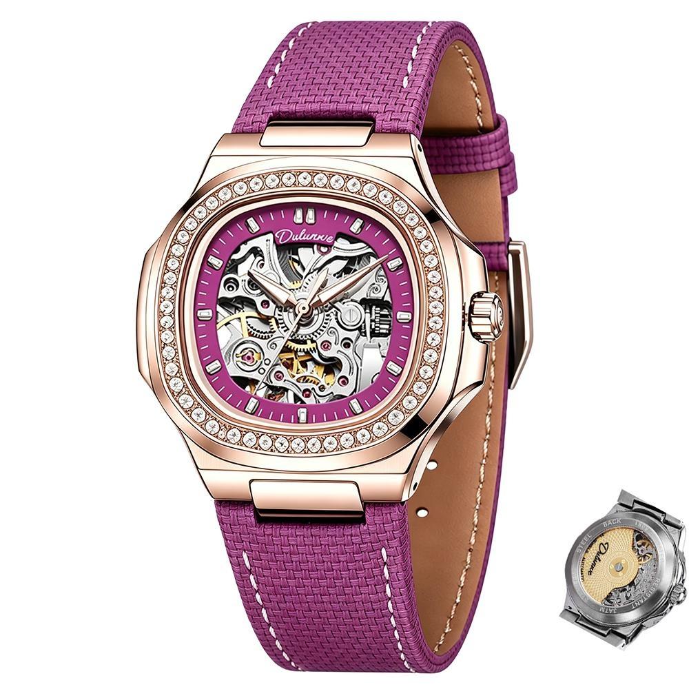 Skeleton Mechanical Watches Rose Gold Case Diamond Bezel Luminous Waterproof Fluororubber Strap Watch