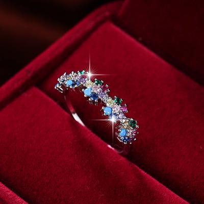 Regenbogenfarbener, bunter, silberfarbener, dünner Ring für Frauen, Vintage-Blumen-Zirkonia-Verlobungsring