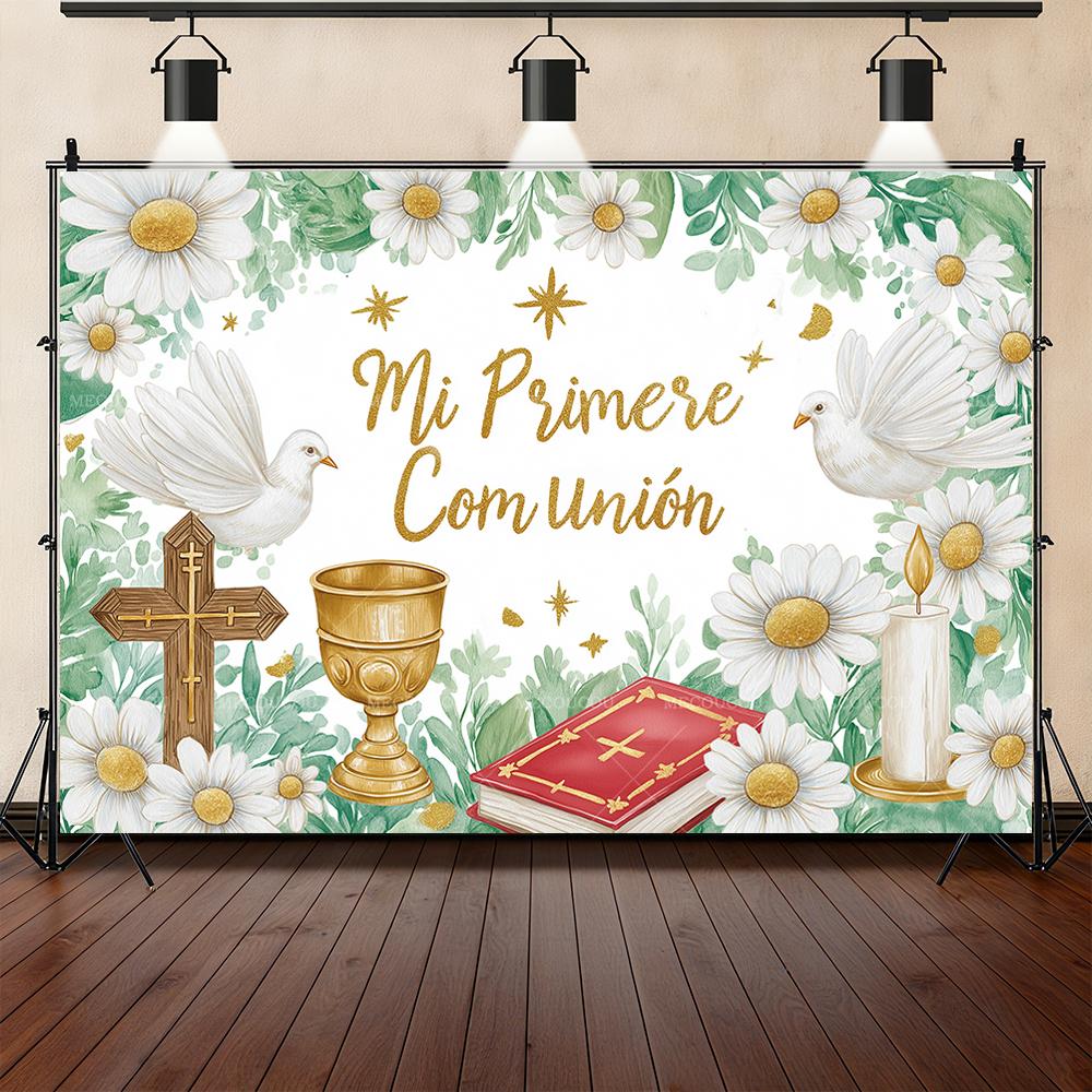 Cross Holy Grail White Dove My First Holy Communion Background Customizable Baptism Party Party DecorationArrangement Background