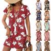 Short Sleeve Women's Dress Casual Dresses With Pockets V Neck Vocation Boho Beach Sundress