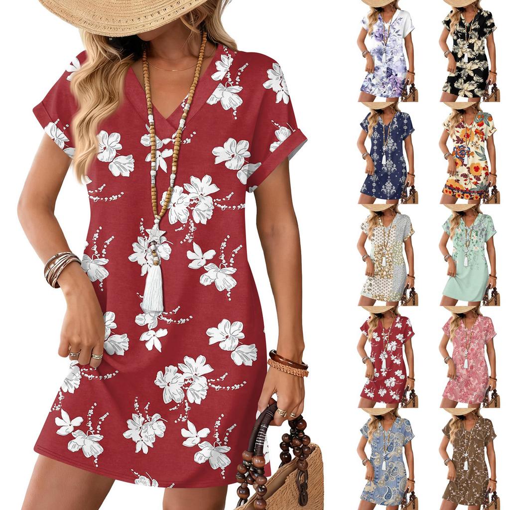 Short Sleeve Women's Dress Casual Dresses With Pockets V Neck Vocation Boho Beach Sundress