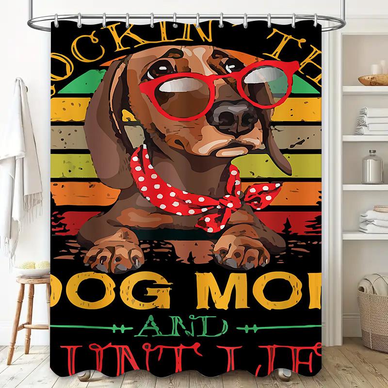 Vintage Rockin The Dog Mom Shower Curtain Hipster Decor For Your Bathroom With Red Glasses Polka Dot Bandana