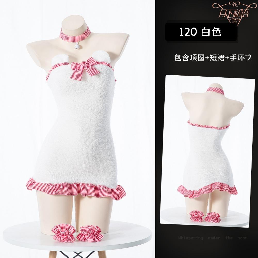 Fun Christmas Plush Backless Maid Dress Bear Nightdress, Sexy Plaid Lace Bow Pajamas Hip Skirt