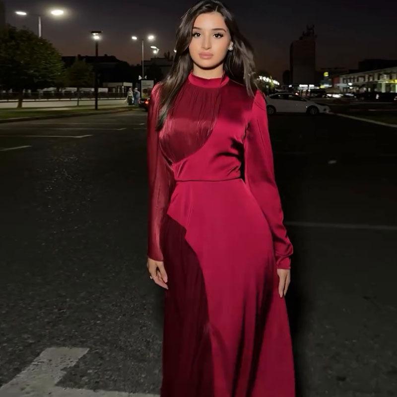 2024 Autumn/Winter Women's European Retro Color Block Slimming Long Sleeve Evening Dress