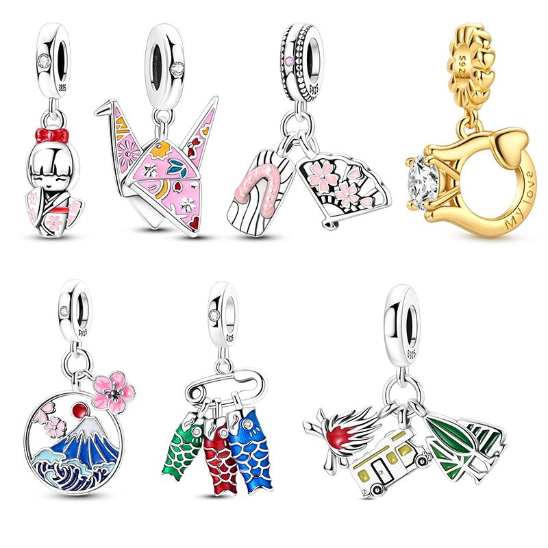 New Copper Charms Pendants Kimono Mount Fuji Koi Flag Dangle Fit Women Original Bracelet Diy Jewelry Gifts