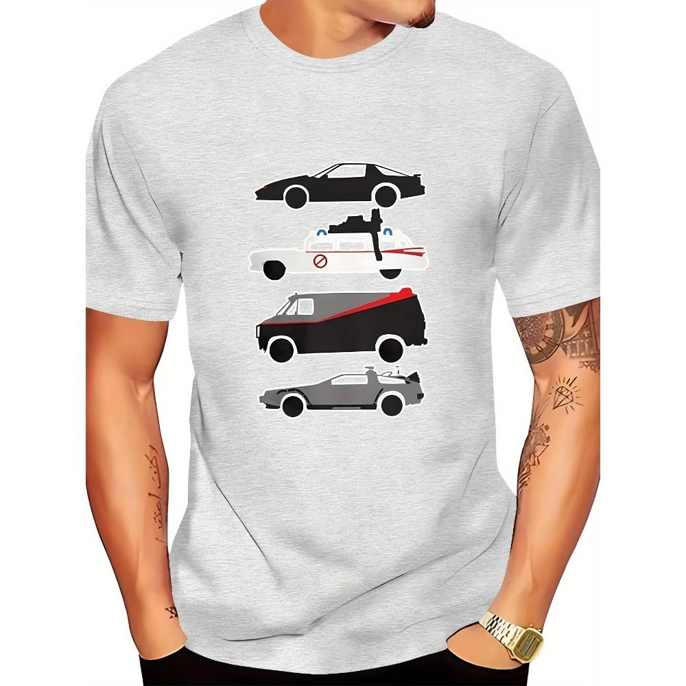 Stylish Black Graphic Tee - Men's Premium Casual T-Shirt with Unique Car Print, Round Neck, Summer Fashion, Machine Washable,
