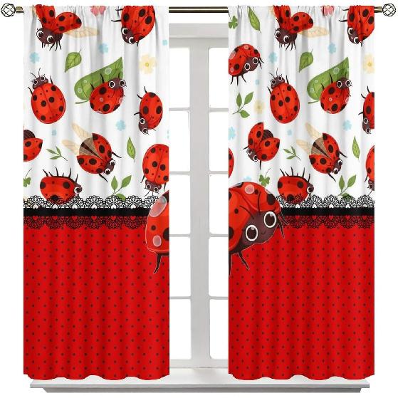 Niedliche Cartoon Tier Marienkäfer Vorhänge, Abstrakt Moderne Kunst Frühling Wald Grün Blatt Marienkäfer Fenster Vorhänge Wärmeisolierend Stangentasche Verdunkelung