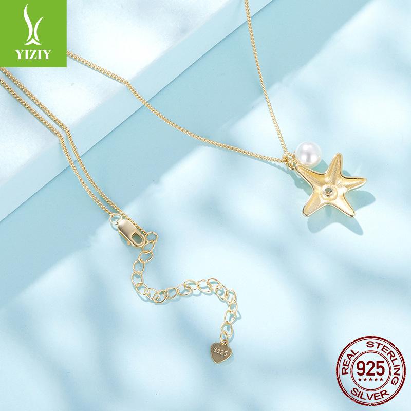 Starfish Pearl Pendant Necklace S925 Sterling Silver-Plated K Gold Summer Casual Wind Necklace Collarbone Chain