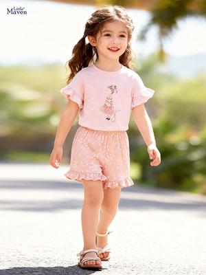 European & American Style Cute Girls' Summer Two-Piece Set: Round Neck T-shirt & Shorts