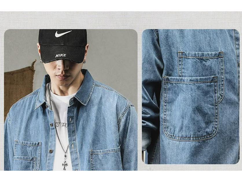 Jachetă Cămașă de Lucru Denim cu Mânecă Lungă Americană Retro Trendy pentru Bărbați