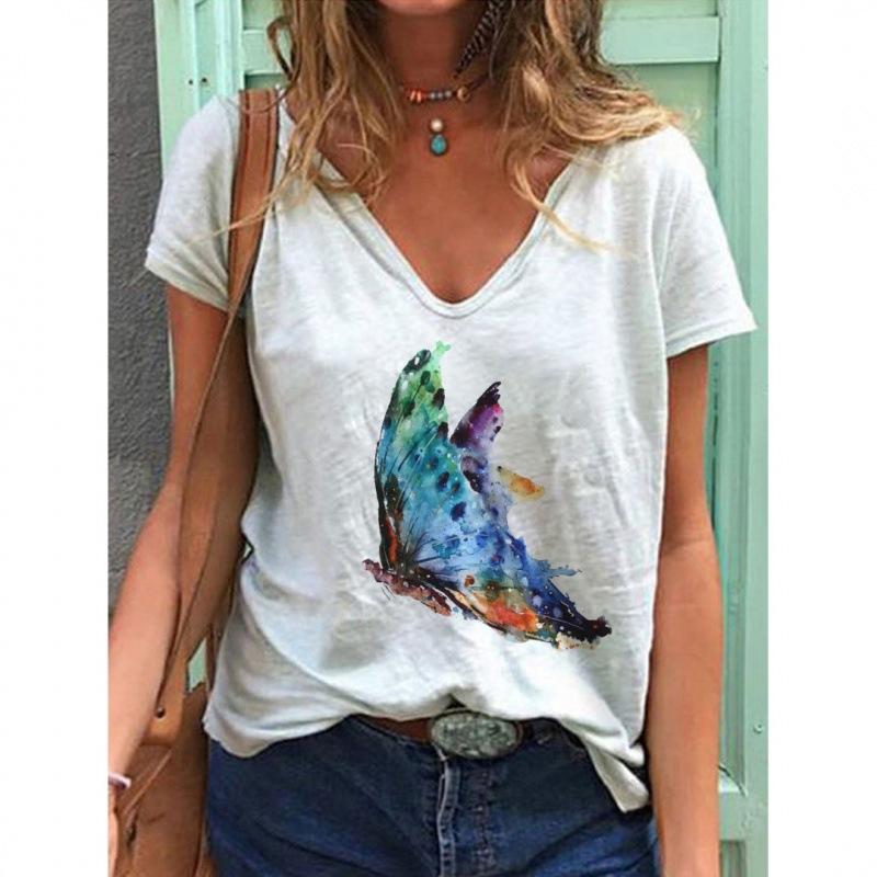 V-neck T Shirts Street 3D Printed Tees Short Sleeved Floral Bird Loose T-shirt for Women
