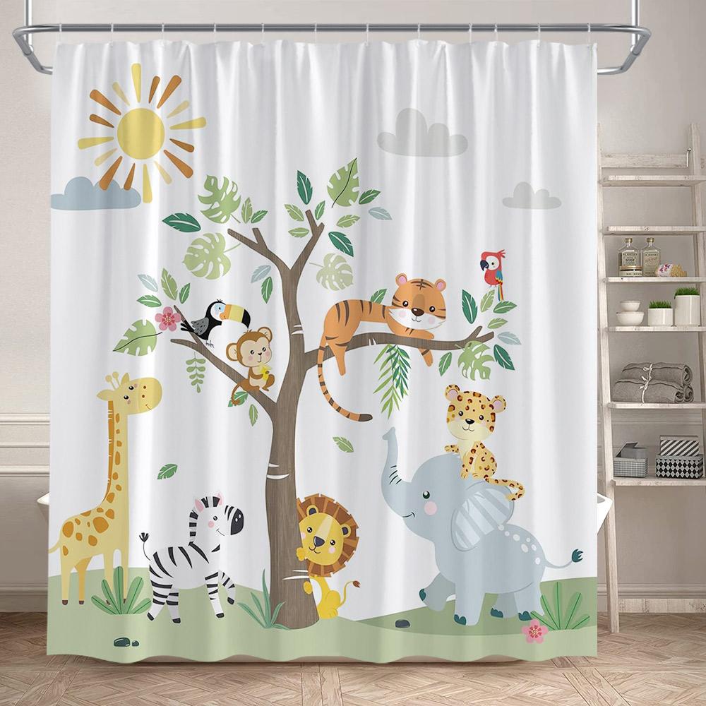 Cartoon Wild Animals Shower Curtains Lion Elephant Giraffe Monkey Forest Wildlife Kids Bath Curtain Fabric Home Bathroom Decor
