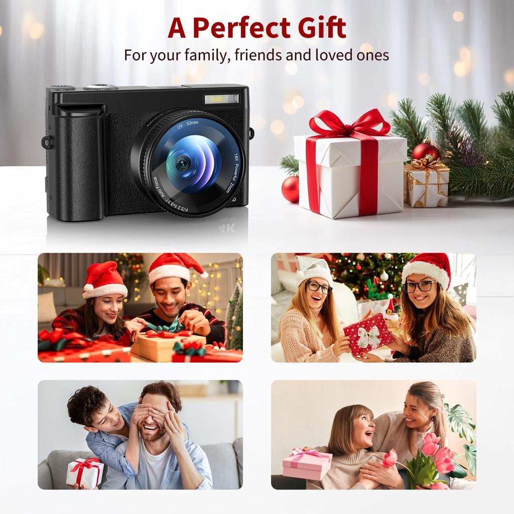 4K Digital Camera for Photography Autofocus, 48MP Vlogging Camera with Flash Anti-Shake, 3'' 180° Flip Screen Compact Travel Camera 16X Zoom Camera