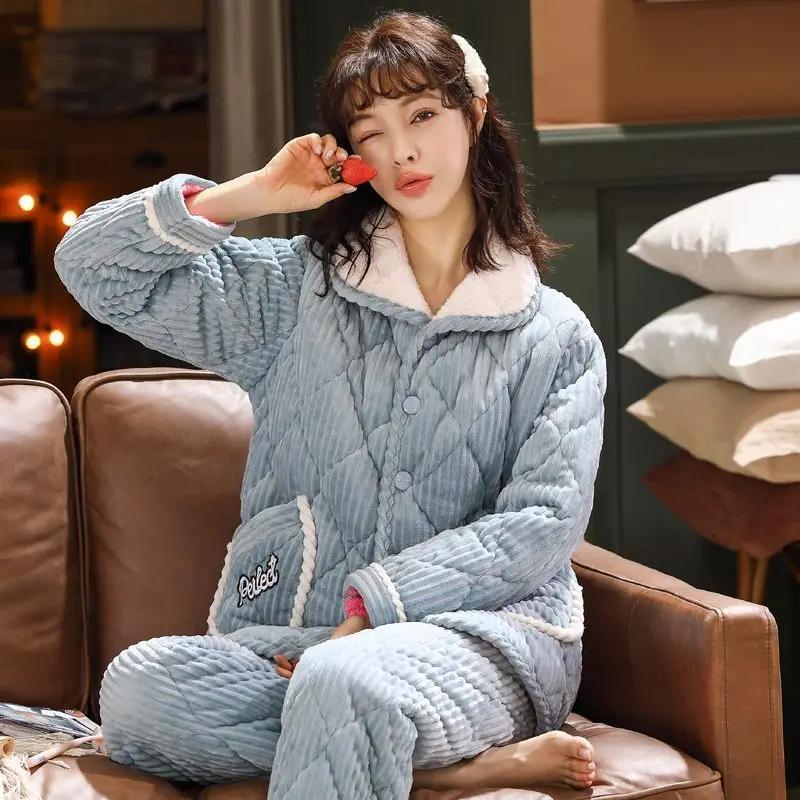 Ms. Autumn and Winter Coral Fleece Intensification Brushed Warm Flannel Loungewear Large Size Set Pajama Set Sleepwear Women
