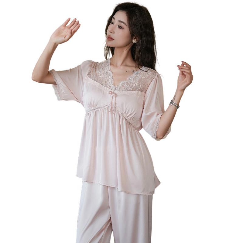 New pajamas, tops, trousers set, exquisite lace ice silk two-piece set, women's summer cool and comfortable loungewear