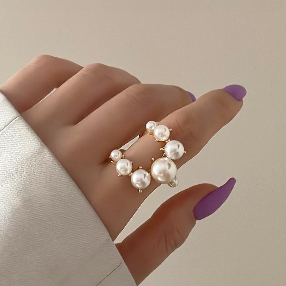 Fashion Big Geometric Pearl Paved Rings For Women Jewelry Personality Statement Open Ring