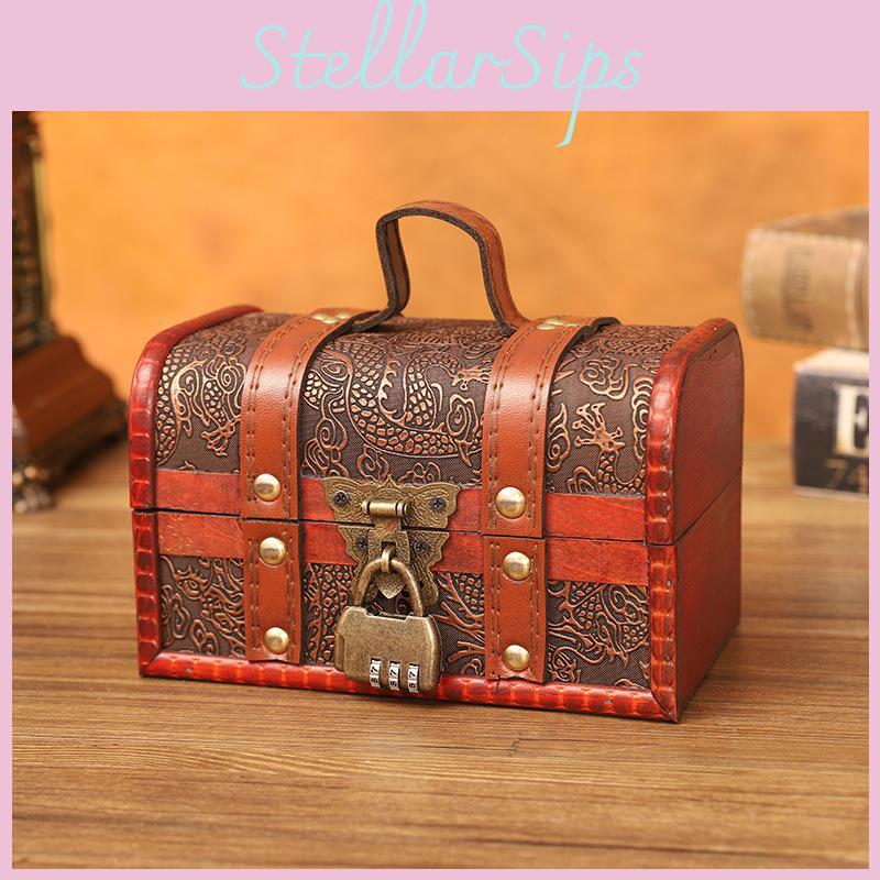 Dragon Retro Pattern Wooden Storage Box With Metal Lock For Storage Desktop