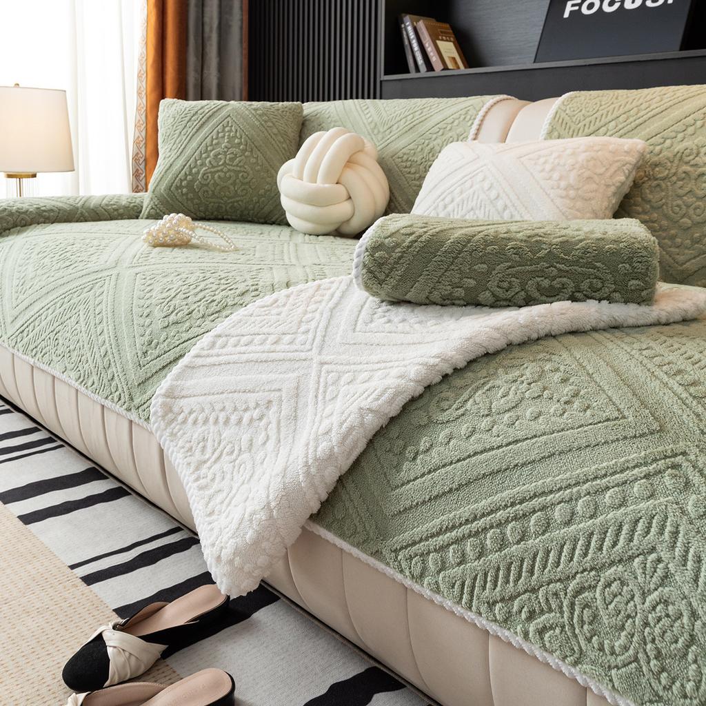 Nordic Style Plush Sofa Cushion, Advanced Sense Three-Person Straight Row Sofa, Seat Cushion, Warm And Non-Slip Full Cover