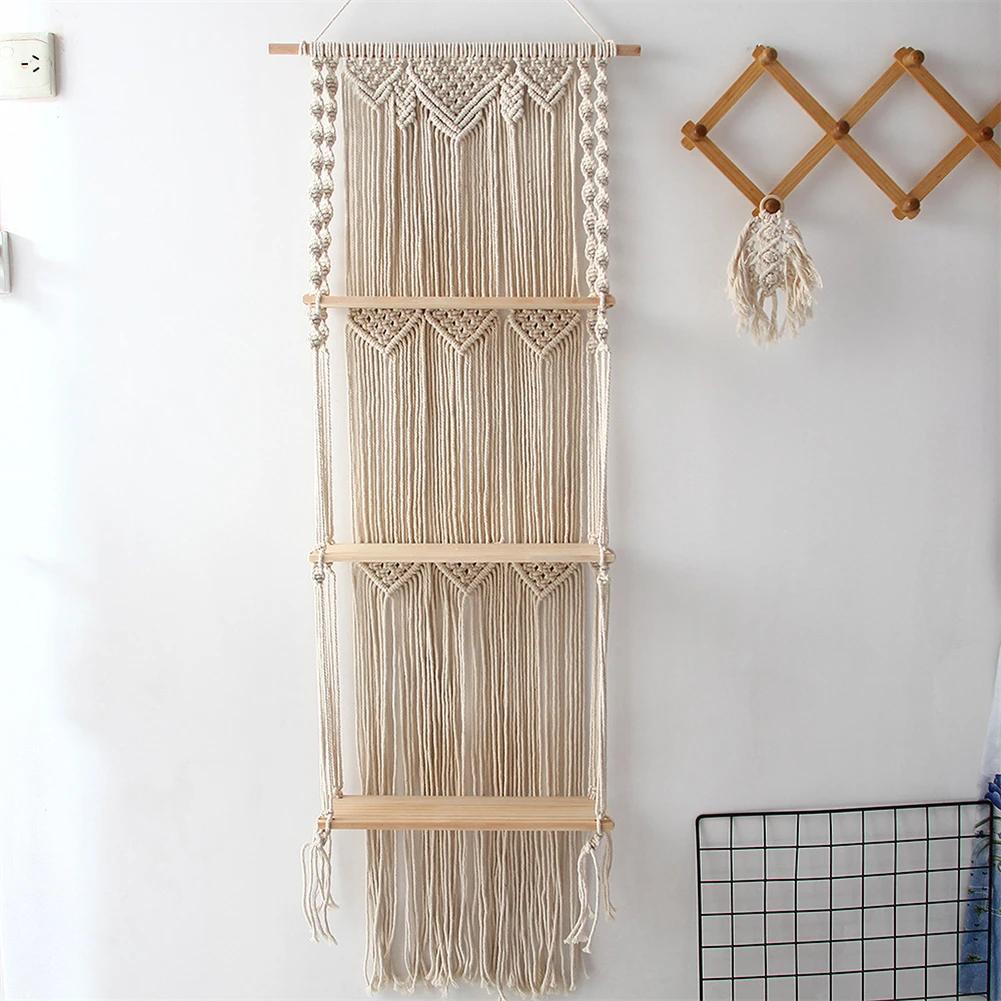3 Layer Large Macrame Wall Hanging Shelf Macrame Floating Shelf Boho Home Decor Handwoven Rope Plant Display Rack Wall Organizer
