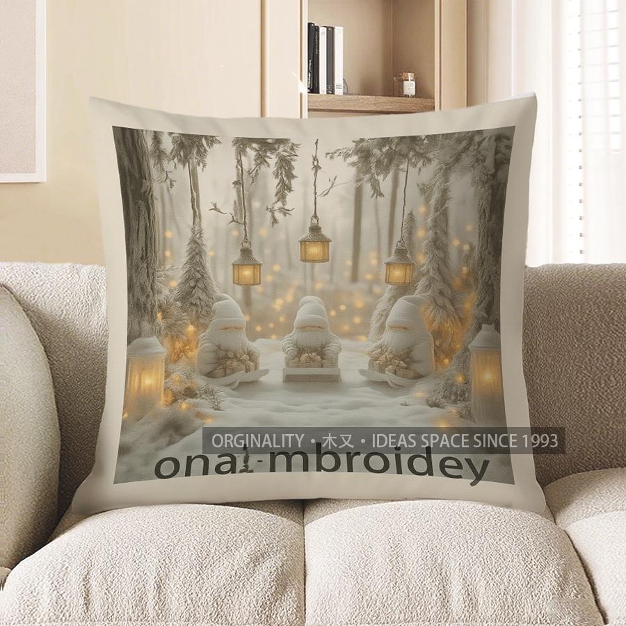 Home Decor Snowman & Trees Winter Themed Pillow Cover Pattern Cushion Cover Suitable for Sofa Bedroom Car Pillow Cover