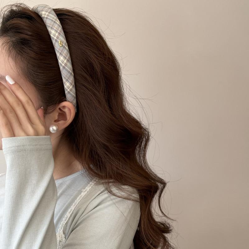 College Checkered Hairband, Sweet Oval-shaped Handmade, Girlie Feel, Soft Sponge, High Crown Headband