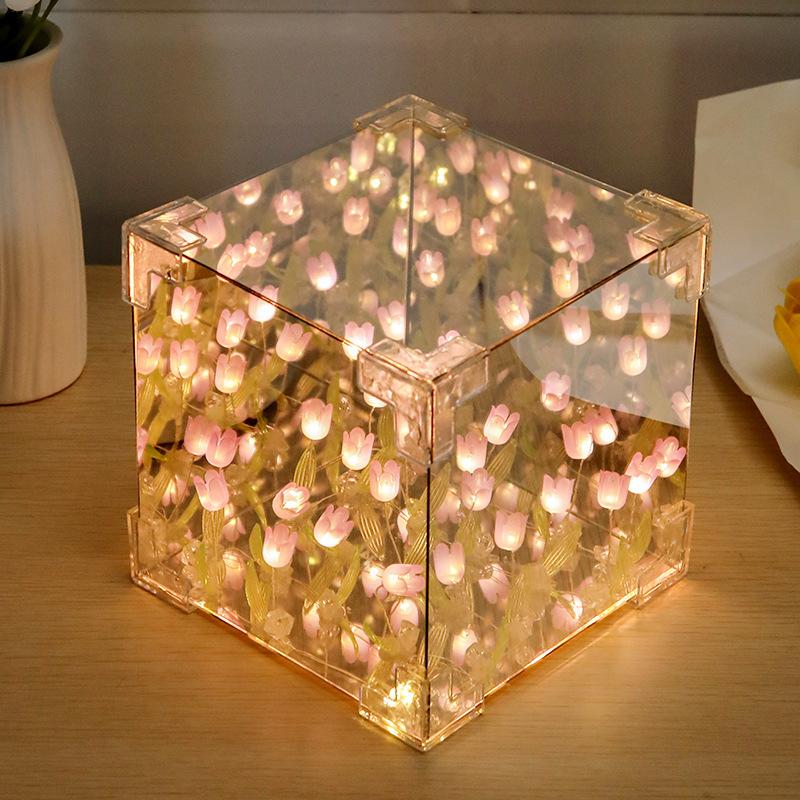 Tulip Night Light Flower Sea Rubik's Cube Night Light Desktop Ambience Light Diy Creative Gift Handmade Materials Pack