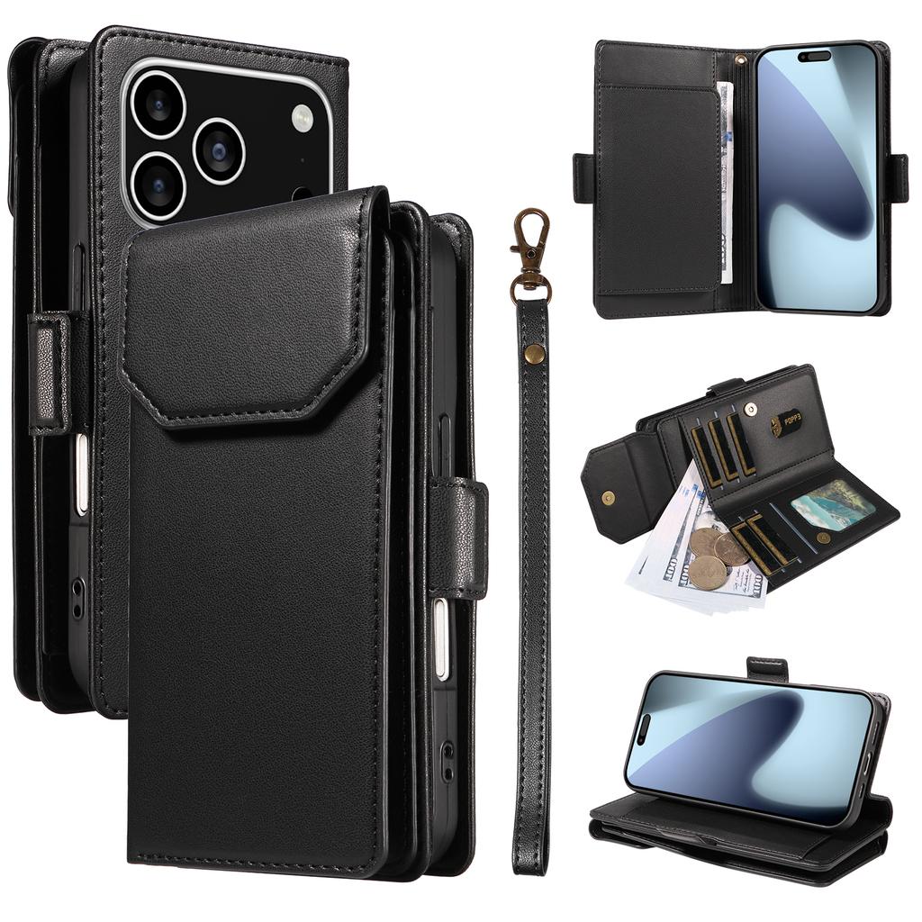 For iPhone 17 Pro Case with Multi-Card Holder and Strap PU Leather Phone Cover Stand