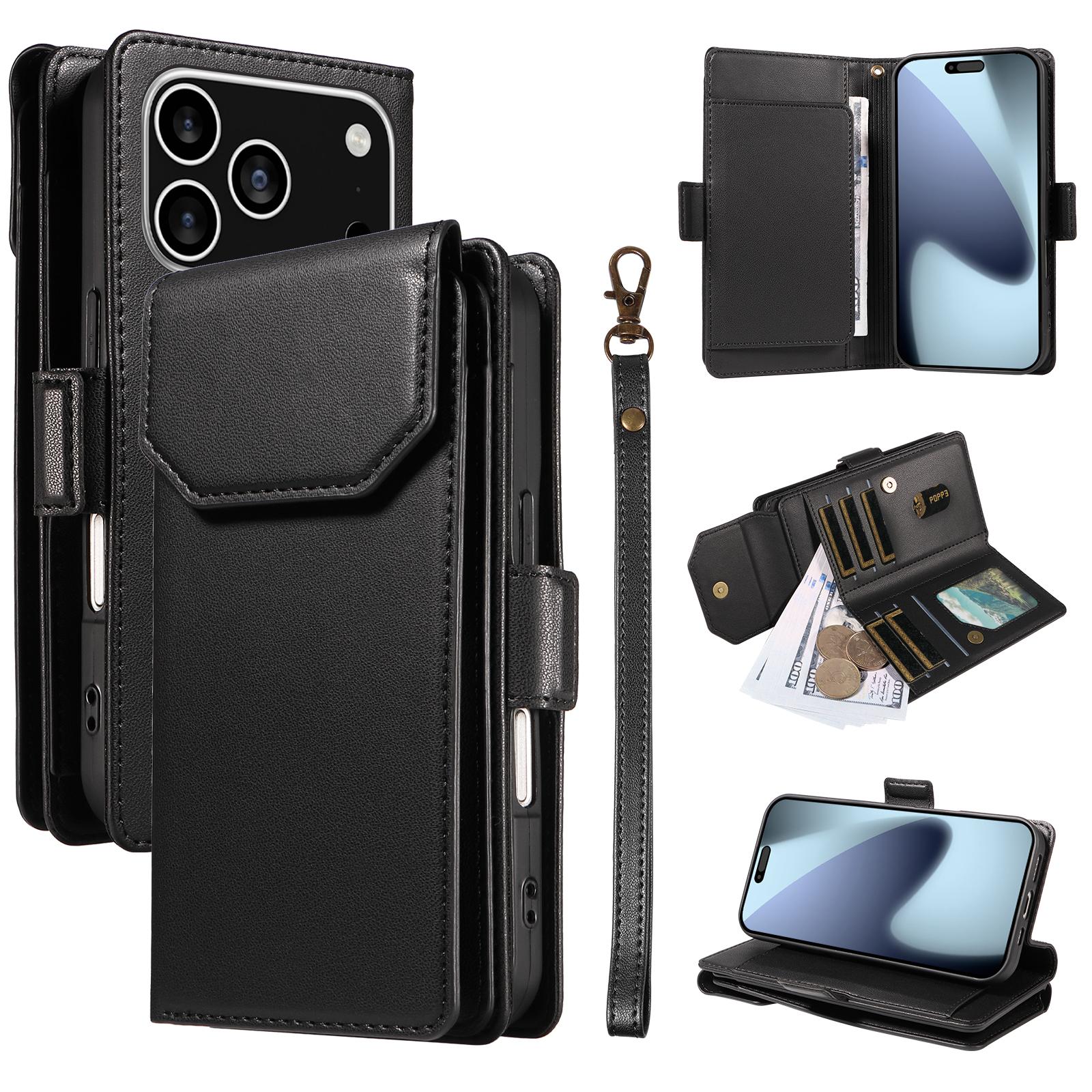 

For iPhone 17 Pro Case with Multi-Card Holder and Strap PU Leather Phone Cover Stand Black