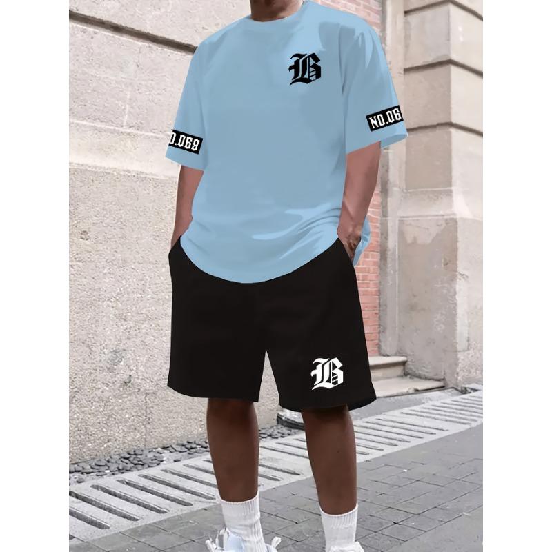 Men's Letter Pattern Casual Sports Set - Short Sleeved Shirt and Shorts