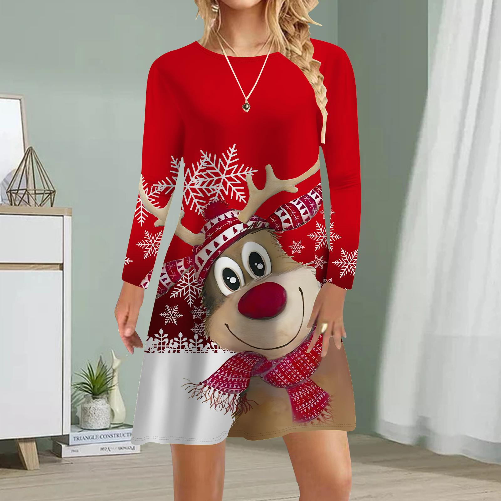 

Женское повседневное платье с принтом лося и оленя, осенние платья для женщин с круглым вырезом и короткими рукавами, платье больших размеров M