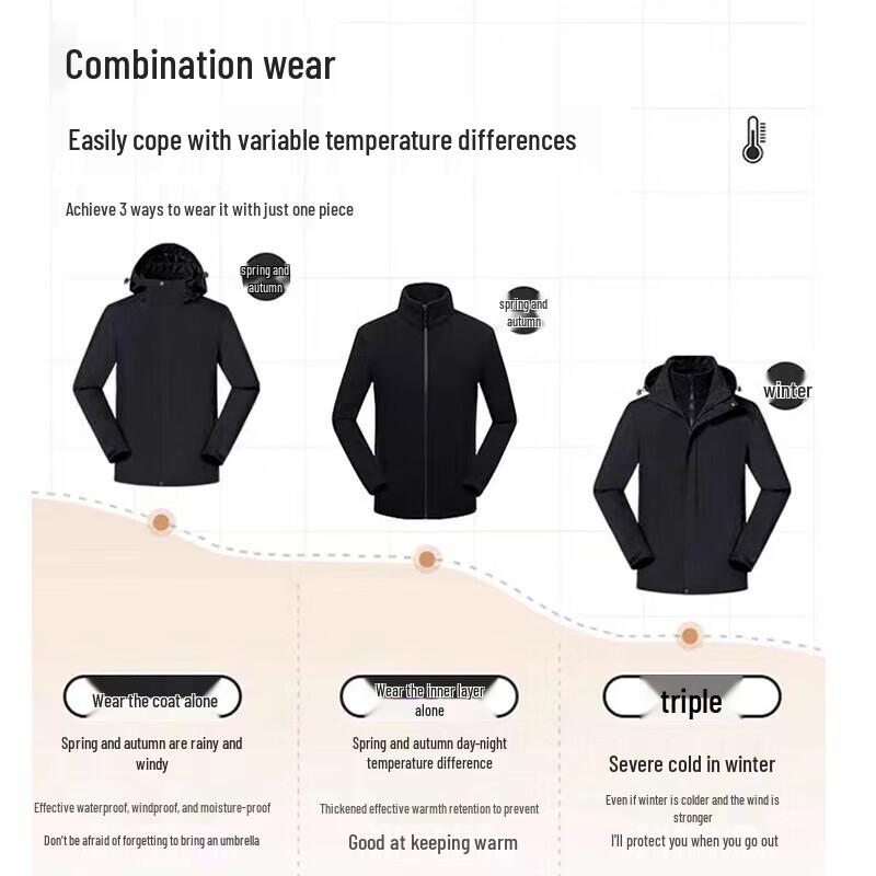 EASTERN CAMEL Couple's 3-in-1 Outdoor Waterproof Windbreaker Jacket