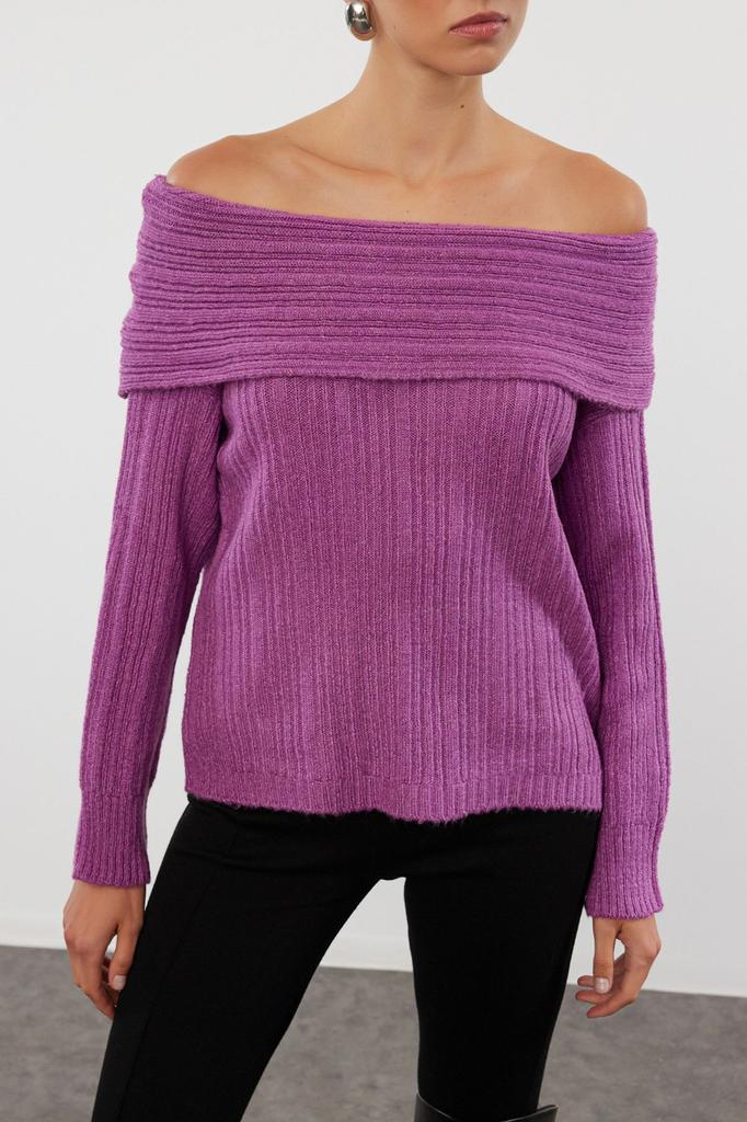 Women's Fashion Stylish Sweater Plum Soft Textured Carmen Collar Knitwear Sweater