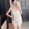 Summer V-neck sexy young women's temptation pajamas women's suspender shorts two-piece set ice silk lace loungewear can be worn outside