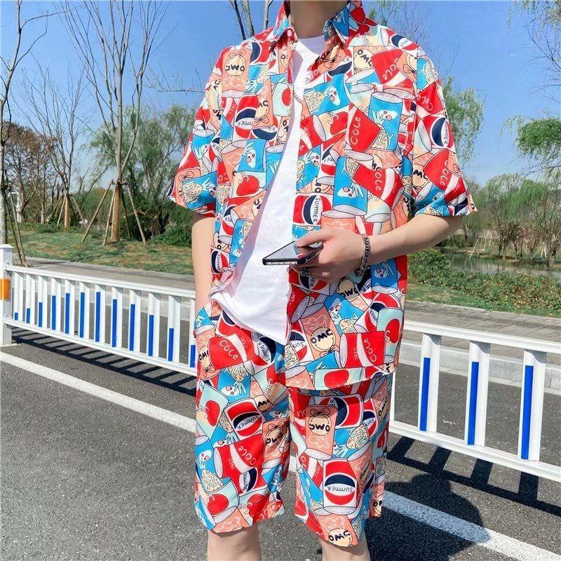 Summer Hawaiian Shirt Suit Loose Square Collar Short Sleeve Pocket Floral Shirts Shorts 2 Piece Set Vintage Hawaiian Beach Suits