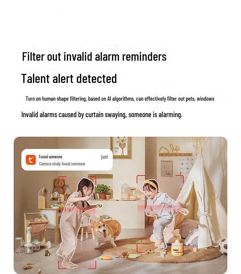 Tuya Smart WiFi Indoor Camera with Mobile Remote, Voice Intercom, and HD Night Vision.