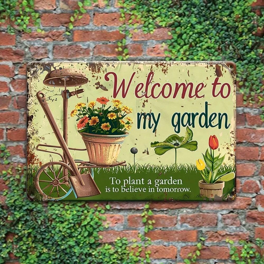 Willkommen in meinem Garten Metallschild 30x20cm Vintage Außendekoration für Zaun Hof