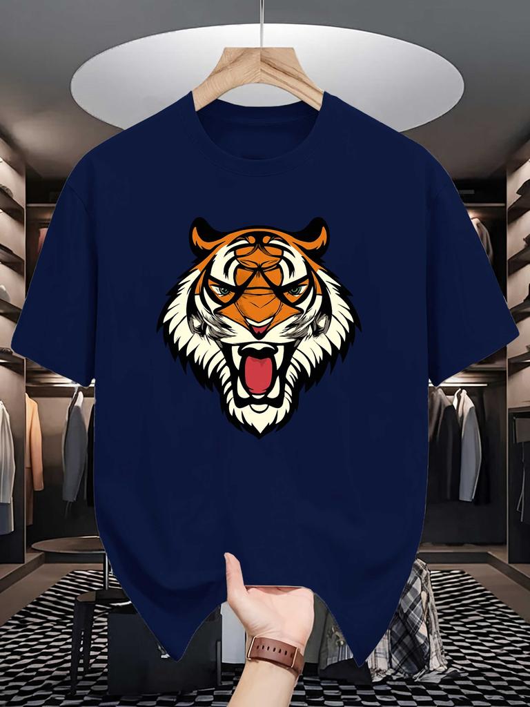 Roaring Tiger Head Print Unisexs Crew Neck T Shirt Wild Beast Cartoon Graphic Short Sleeve Casual Cotton Outdoor Street Tees