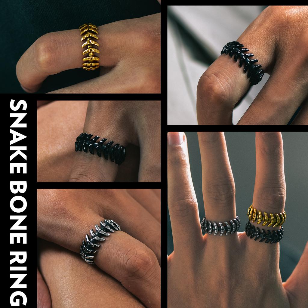 Stainless Steel 8.5mm Wide Snake Bone Rings for Man Woman Size 7-14 Black Vintage Retro Style Gothic Punk Unisex Jewelry Gift