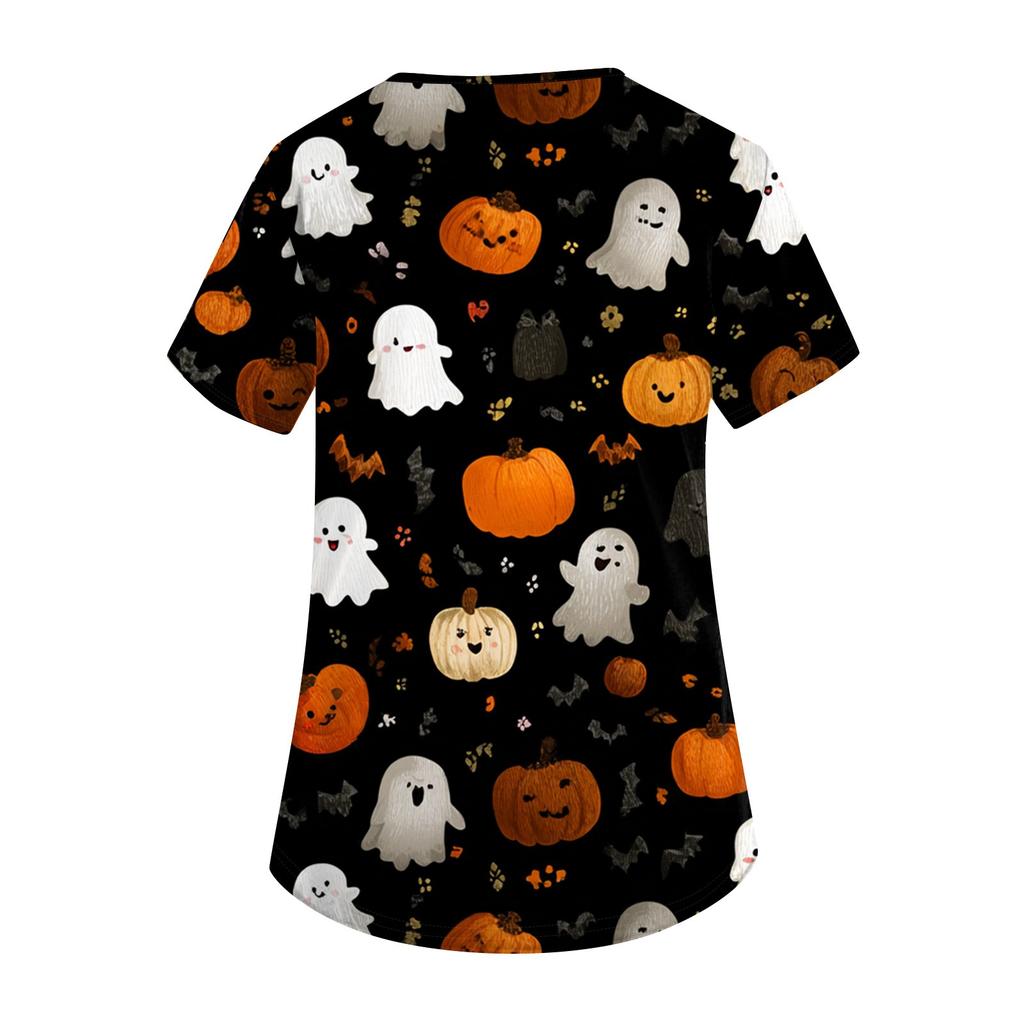 Dámská móda Krátký rukáv Halloweenský potisk Výstřih do V Kapsa Pracovní topy