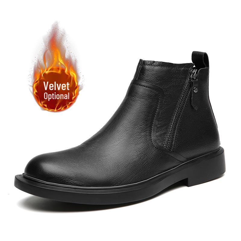 Men's Trendy Korean Style Warm Leather Ankle Boots - Autumn/Winter Martin Round Toe Zipper Mid-Top British Style
