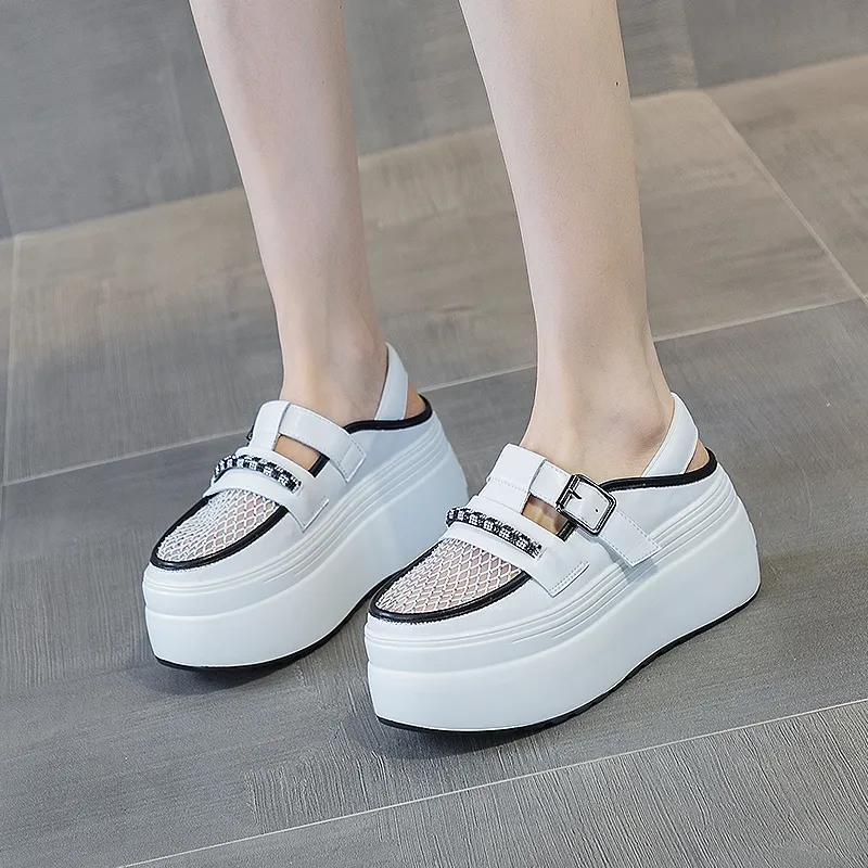 Modă 8cm Nouă Plasă Aer Piele Naturală Platformă Adidași Groși Sandale Femei Casual Gol Stras Alb Papuci de Vară Pantofi