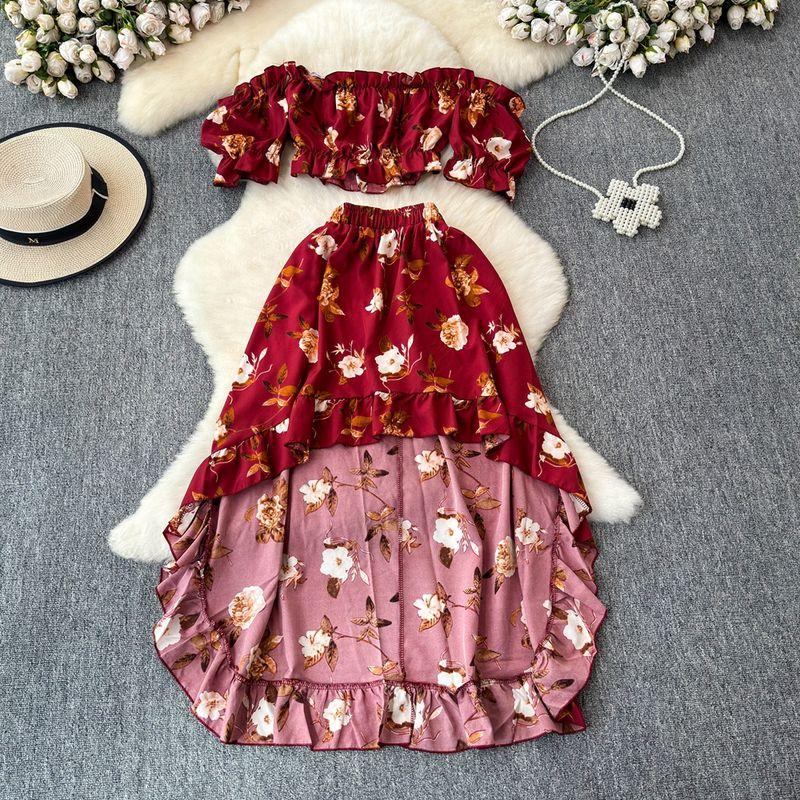 

Tube Top Fold Floral A- line Ruffles Fashion Suit Red One size