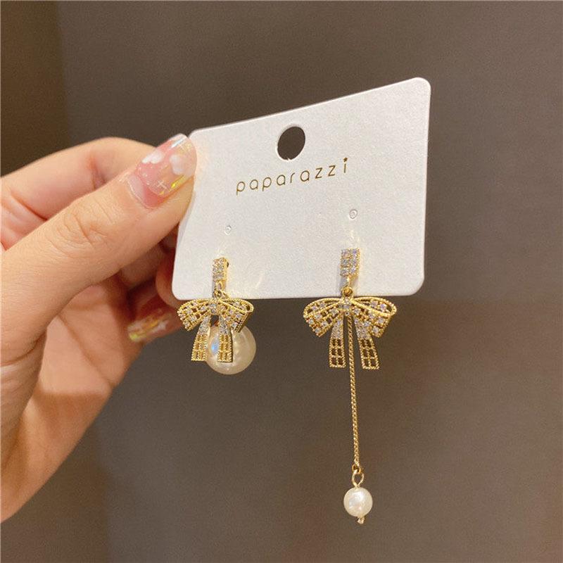 925 Sterling Silver Pearl Bow Asymmetric Dangle Earrings for Women - Fashion Statement Accessory