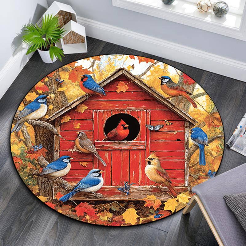 

Autumn Birdhouse Birds Round Area Rug,Carpet Rug for Living Room Bedroom Sofa Playroom Decor,Non-slip Floor Mat 80cmx80cm