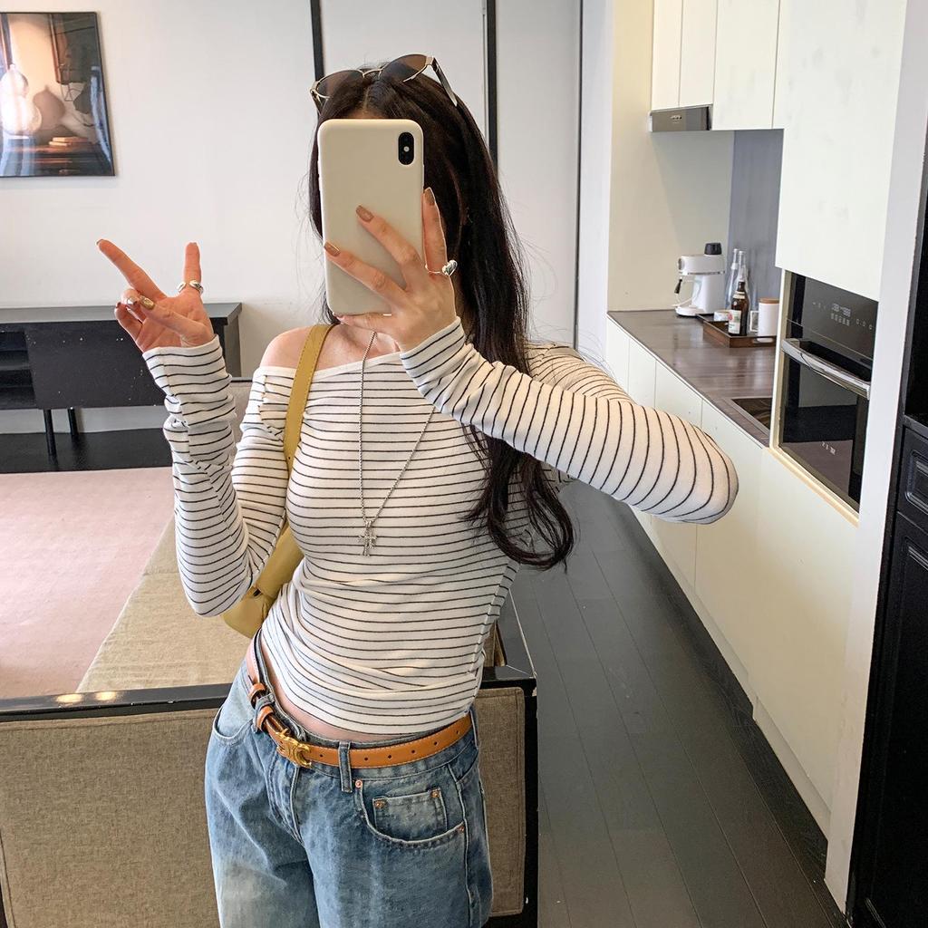 Chic Spicy Girl Striped One-Shoulder Slim Long-Sleeve Top – Women's Autumn/Winter Korean Style