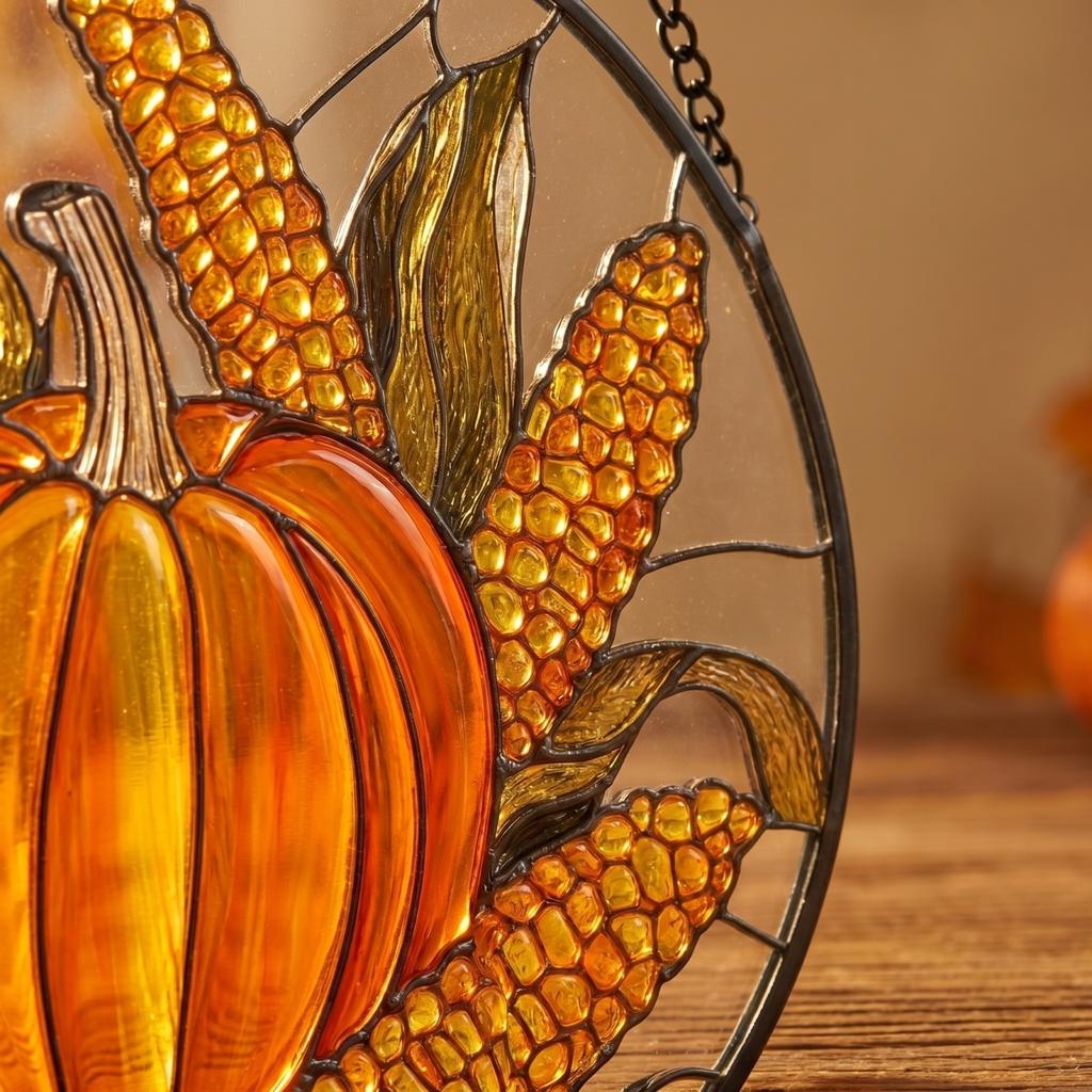 Round Stained Glass Hanging Ornament with Pumpkin and Corn Design for Window Decoration Indoor Outdoor Use