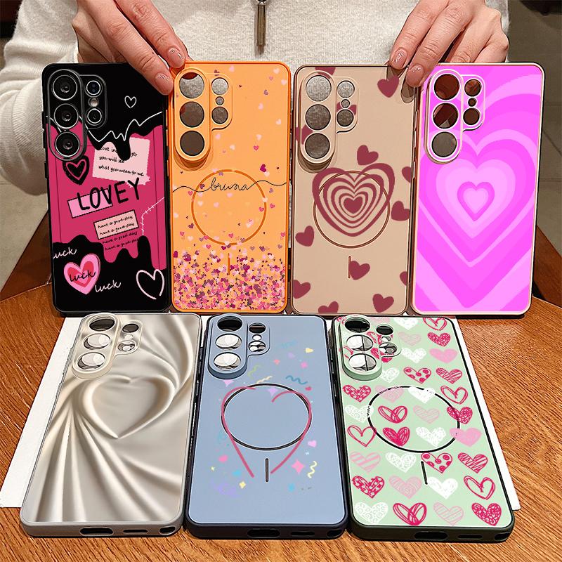 Magnetic For Magsafe Case For Samsung Galaxy S26 Ultra S25 Edge S24 Plus S23 FE S22 A17 A54 A55 A56 A57 5G Lovely Hearts Pattern Cover