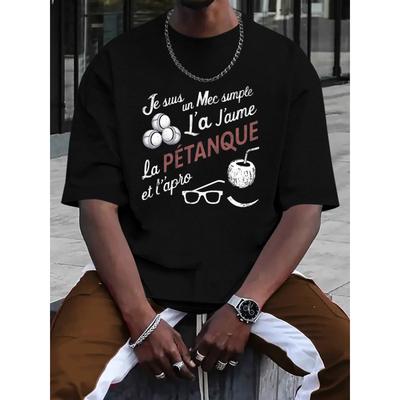 Petanque Aperitif Print T-Shirt | Lässiges Langarm-T-Shirt für Herren, Rundhalsausschnitt, Leicht elastisches Gewebe, Ganzjahres-Passform